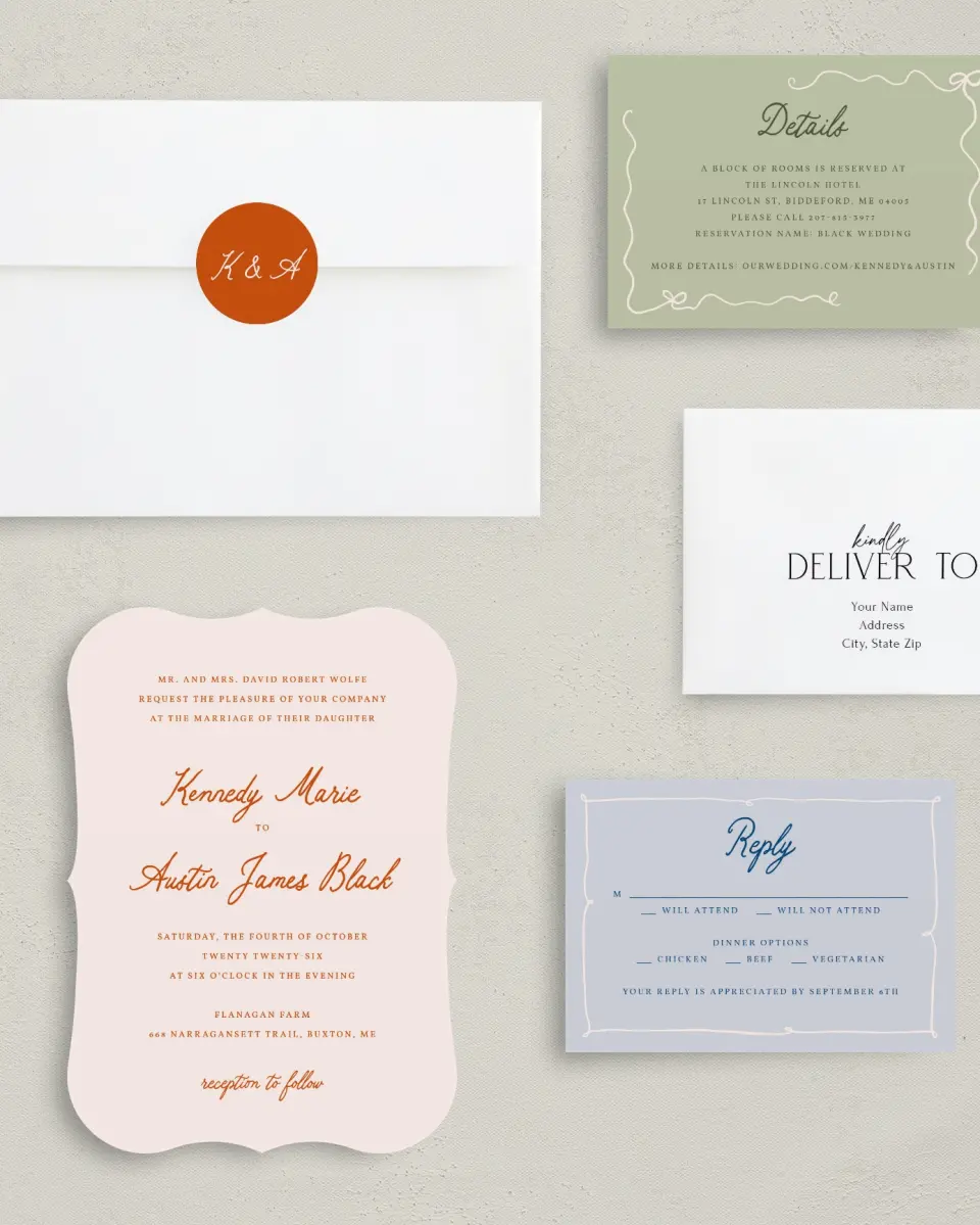 This is a 5" x 7" Bracket Wedding Invitation called The Kennedy printed in full color with Silver foil on Luxe Satin (coated) paper