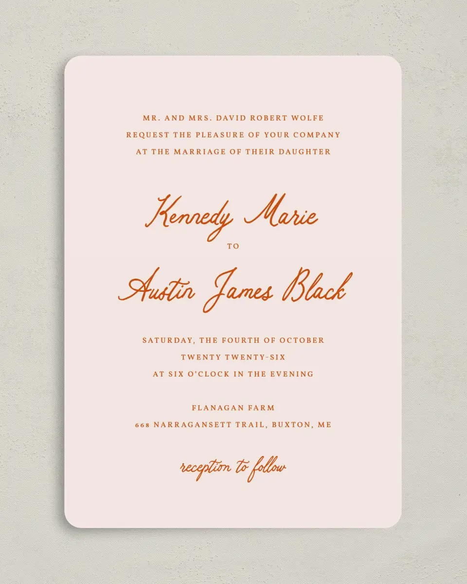 This is a 5" x 7" Rounded Wedding Invitation called The Kennedy printed in full color on Premium Smooth paper