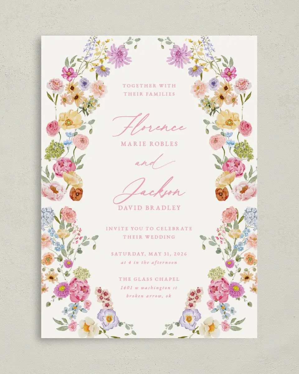 This is a 5" x 7" Classic Wedding Invitation called The Florence printed in full color on Premium Smooth paper