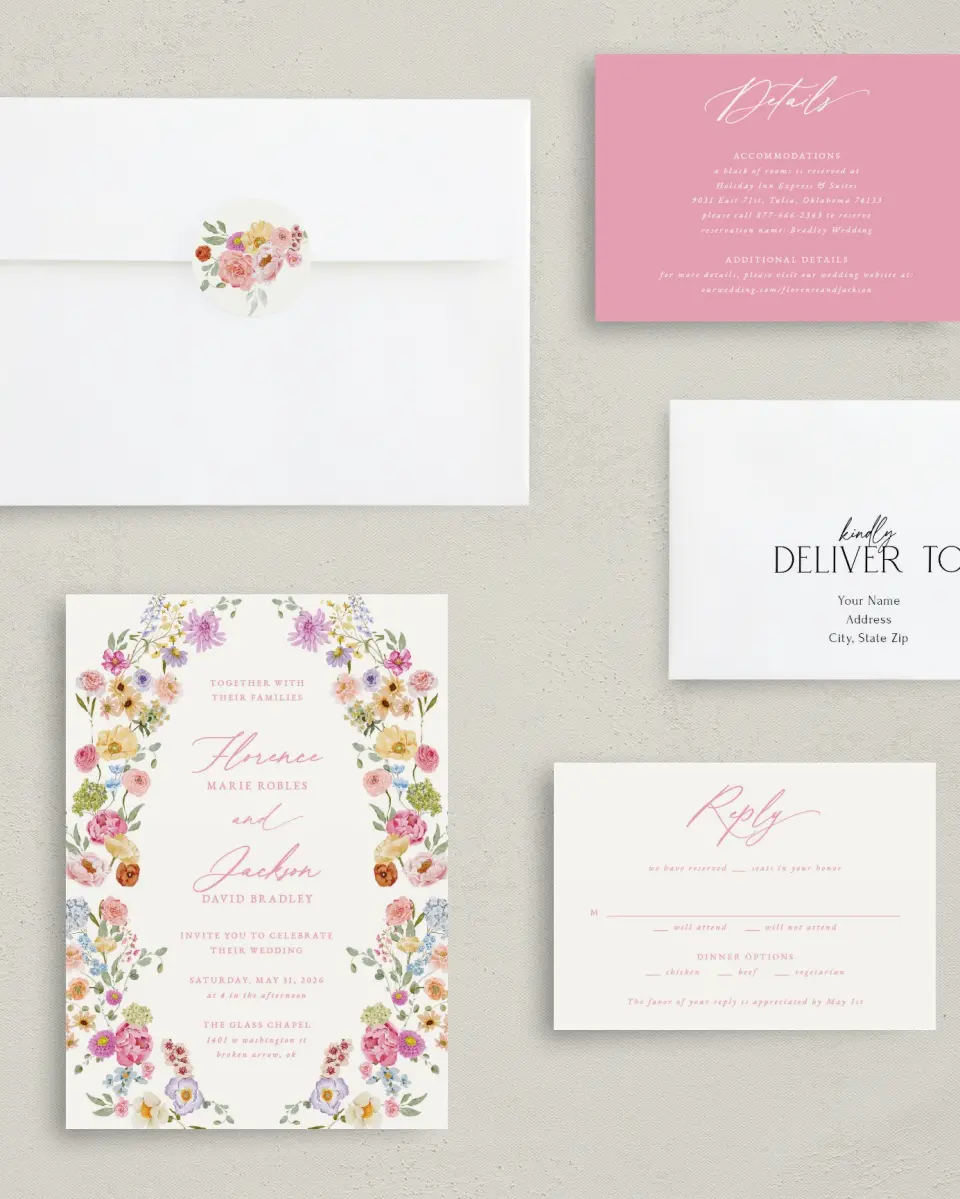 This is a 5" x 7" Classic Wedding Invitation called The Florence printed in full color with Gold foil on Luxe Satin (coated) paper