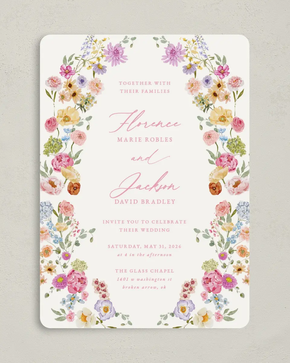 This is a 5" x 7" Rounded Wedding Invitation called The Florence printed in full color on Premium Smooth paper