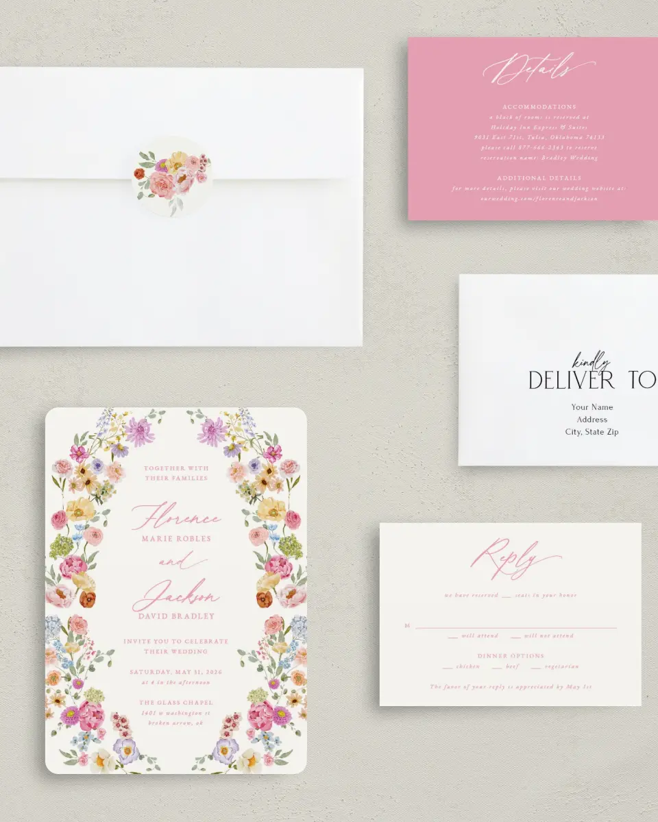 This is a 5" x 7" Rounded Wedding Invitation called The Florence printed in full color with Silver foil on Luxe Satin (coated) paper