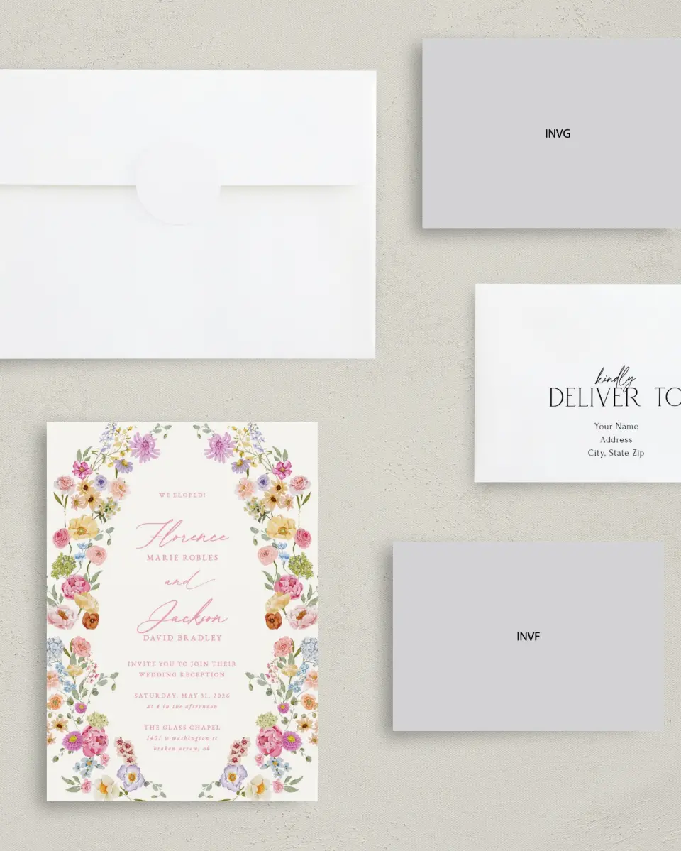 This is a 5" x 7" Reception-Only - CP called The Florence printed in full color with Rose Gold foil on Luxe Satin (coated) paper
