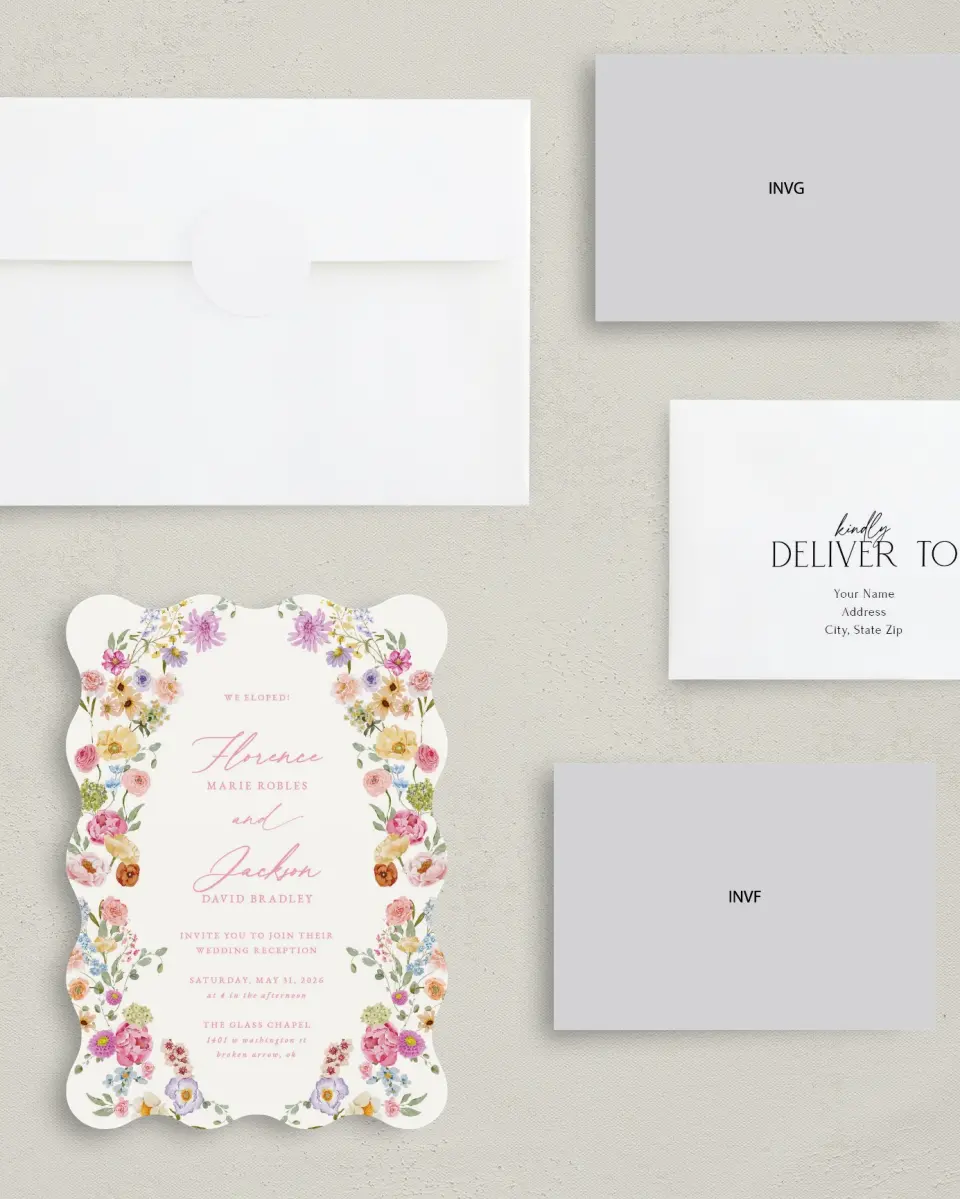 This is a 5" x 7" Reception-Only - CP called The Florence printed in full color with Silver foil on Luxe Satin (coated) paper