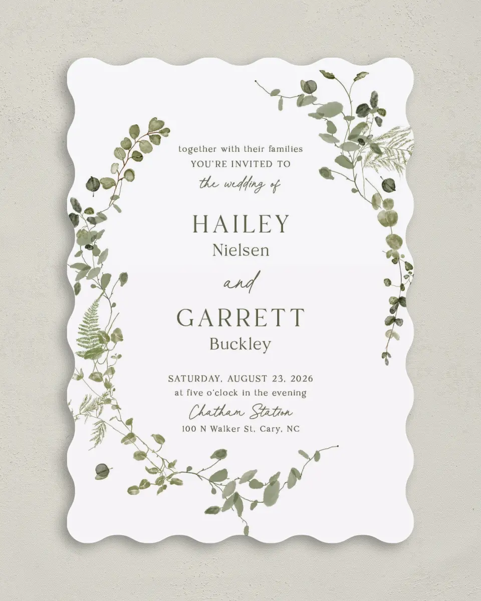 This is a 5" x 7" Wavy Wedding Invitation called The Hailey printed in full color on Premium Smooth paper