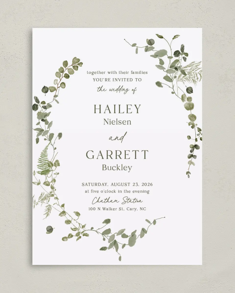 This is a 5" x 7" Classic Wedding Invitation called The Hailey printed in full color on Premium Smooth paper