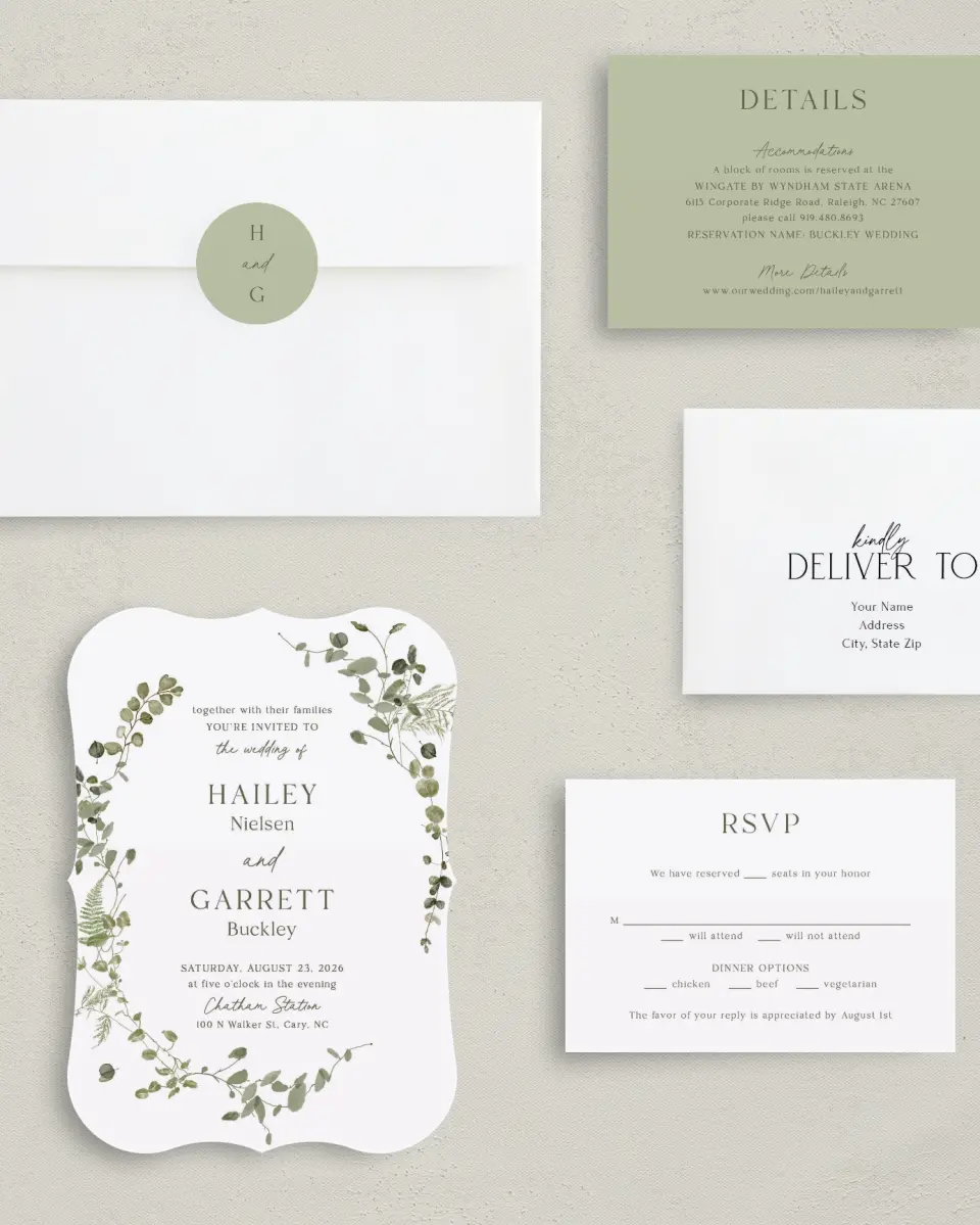 This is a 5" x 7" Bracket Wedding Invitation called The Hailey printed in full color with Silver foil on Luxe Satin (coated) paper