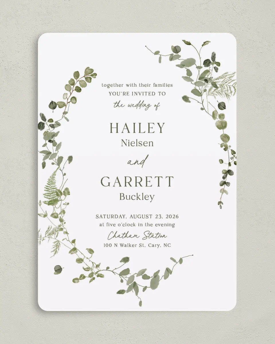 This is a 5" x 7" Rounded Wedding Invitation called The Hailey printed in full color on Premium Smooth paper