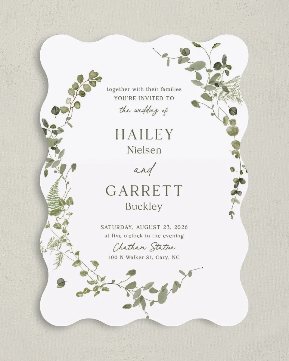 This is a 5" x 7" Wavy Wedding Invitation called The Hailey printed in full color on Premium Smooth paper