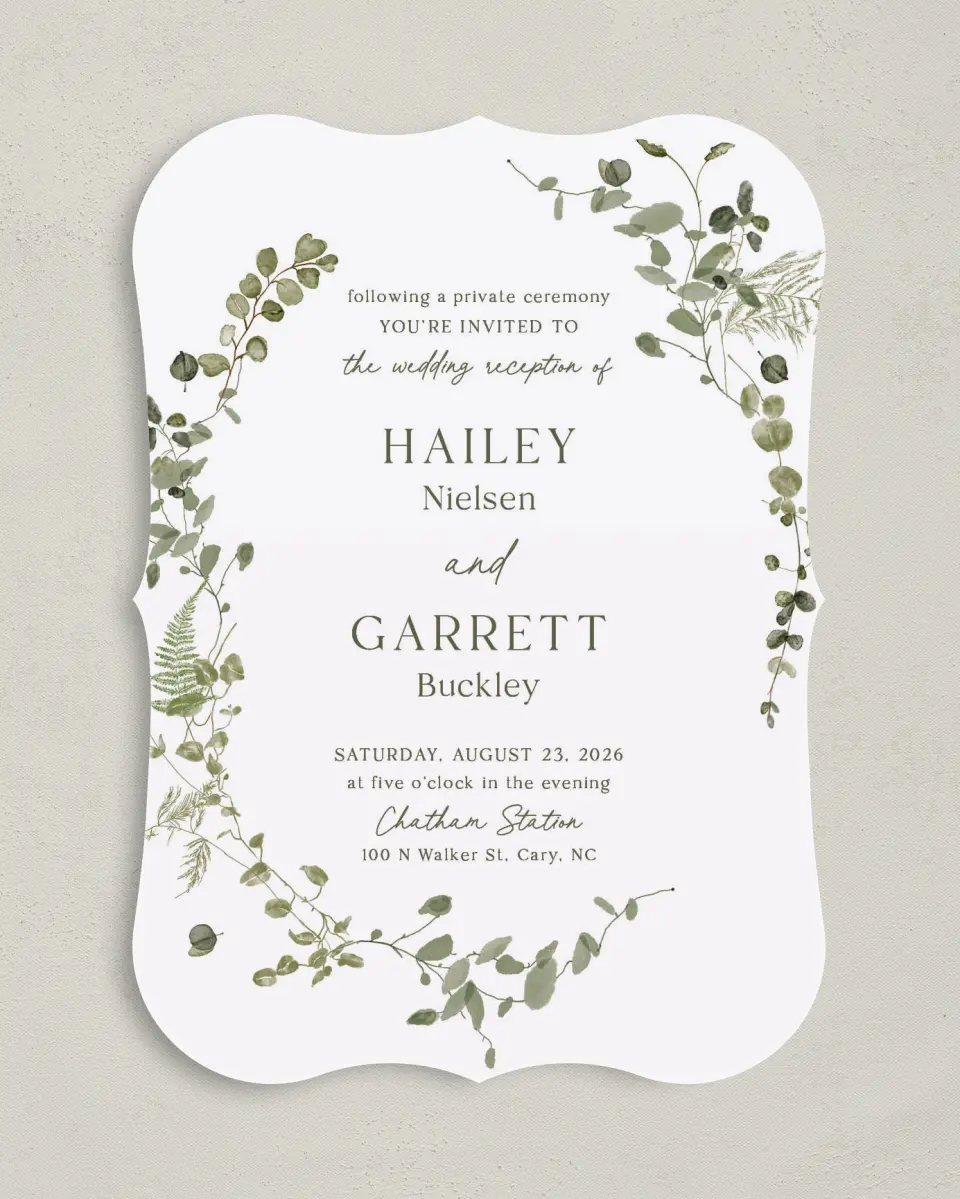 This is a 5" x 7" Reception-Only - CP called The Hailey printed in full color with Silver foil on Luxe Satin (coated) paper