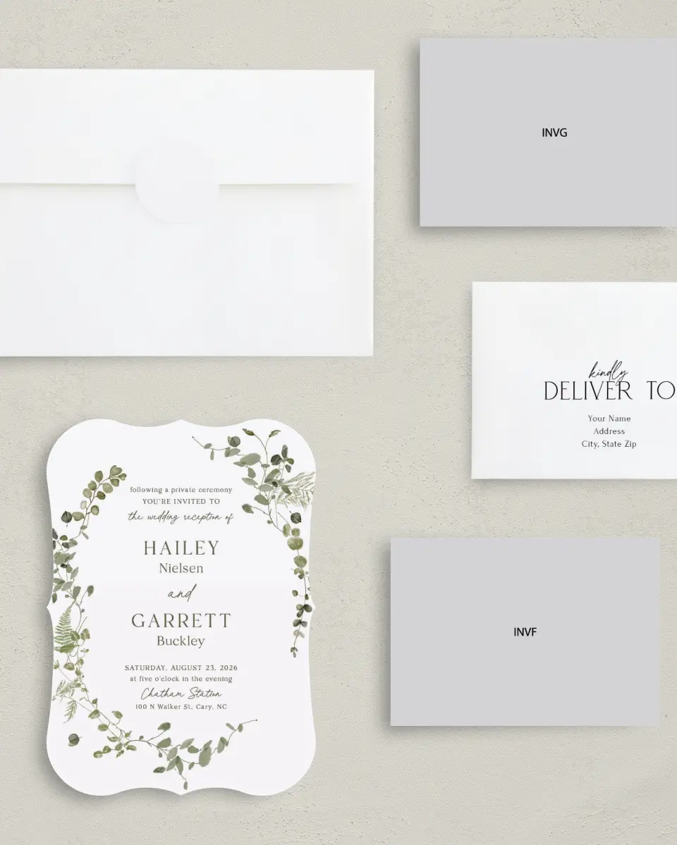 This is a 5" x 7" Reception-Only - CP called The Hailey printed in full color with Silver foil on Luxe Satin (coated) paper