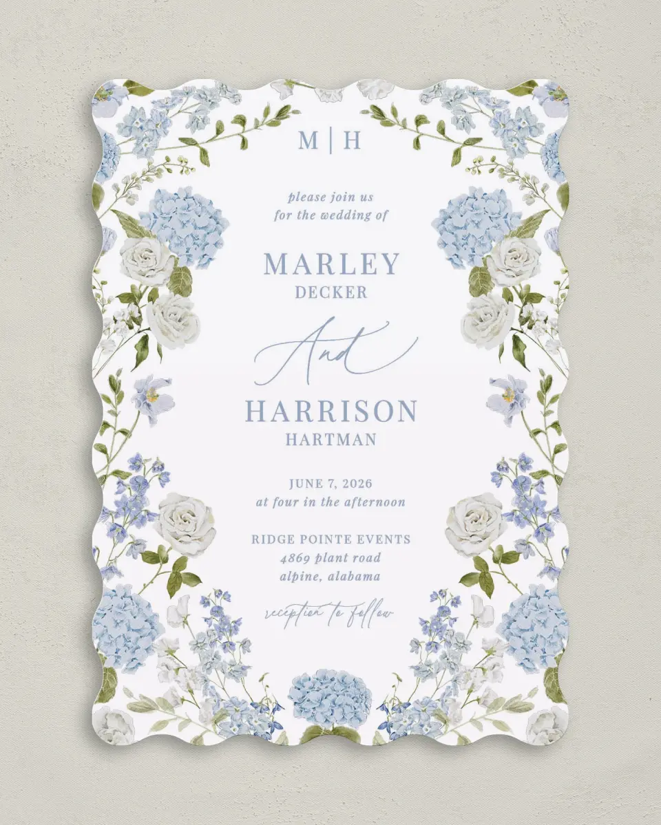 This is a 5" x 7" Wavy Wedding Invitation called Blue Blossoms printed in full color on Premium Smooth paper