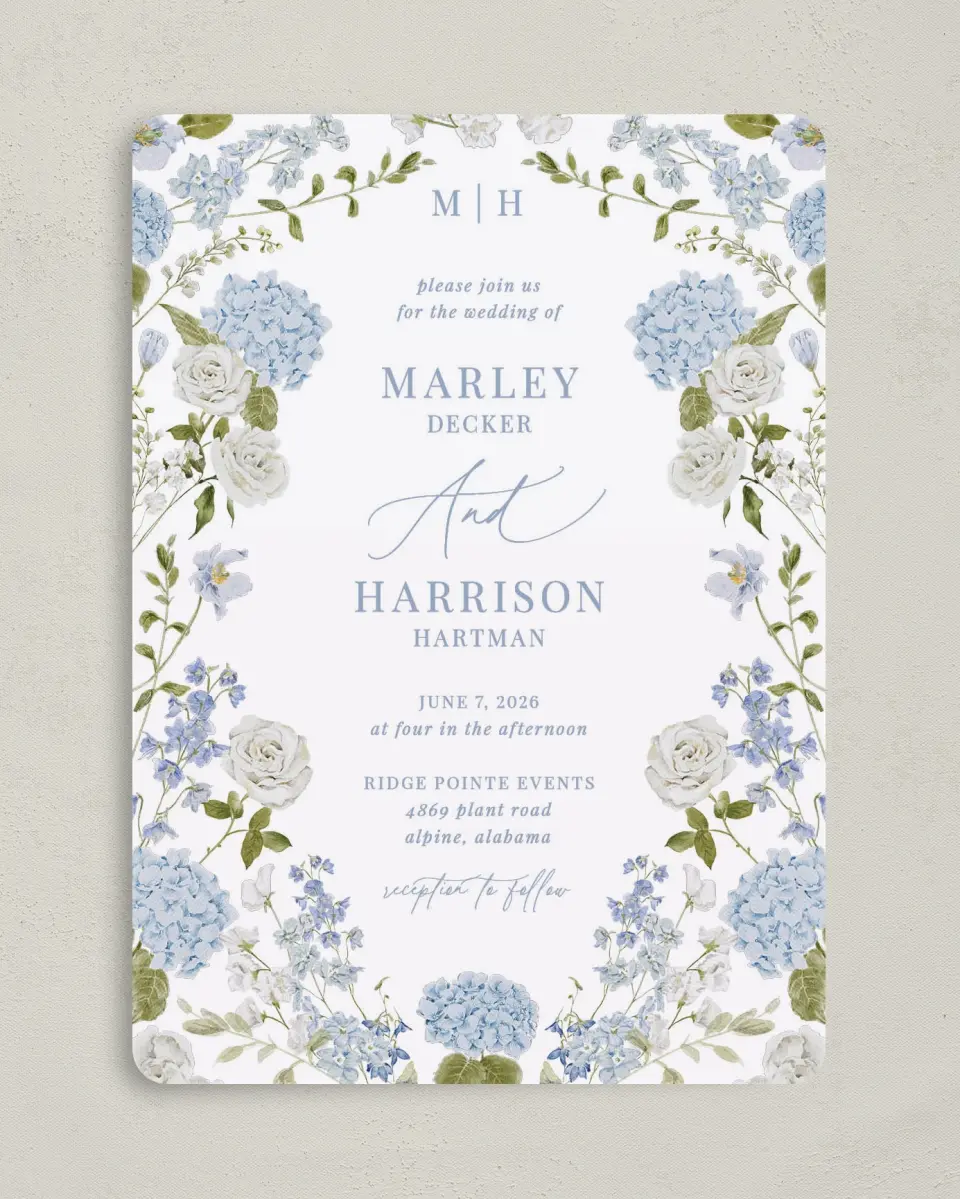 This is a 5" x 7" Rounded Wedding Invitation called Blue Blossoms printed in full color on Premium Smooth paper