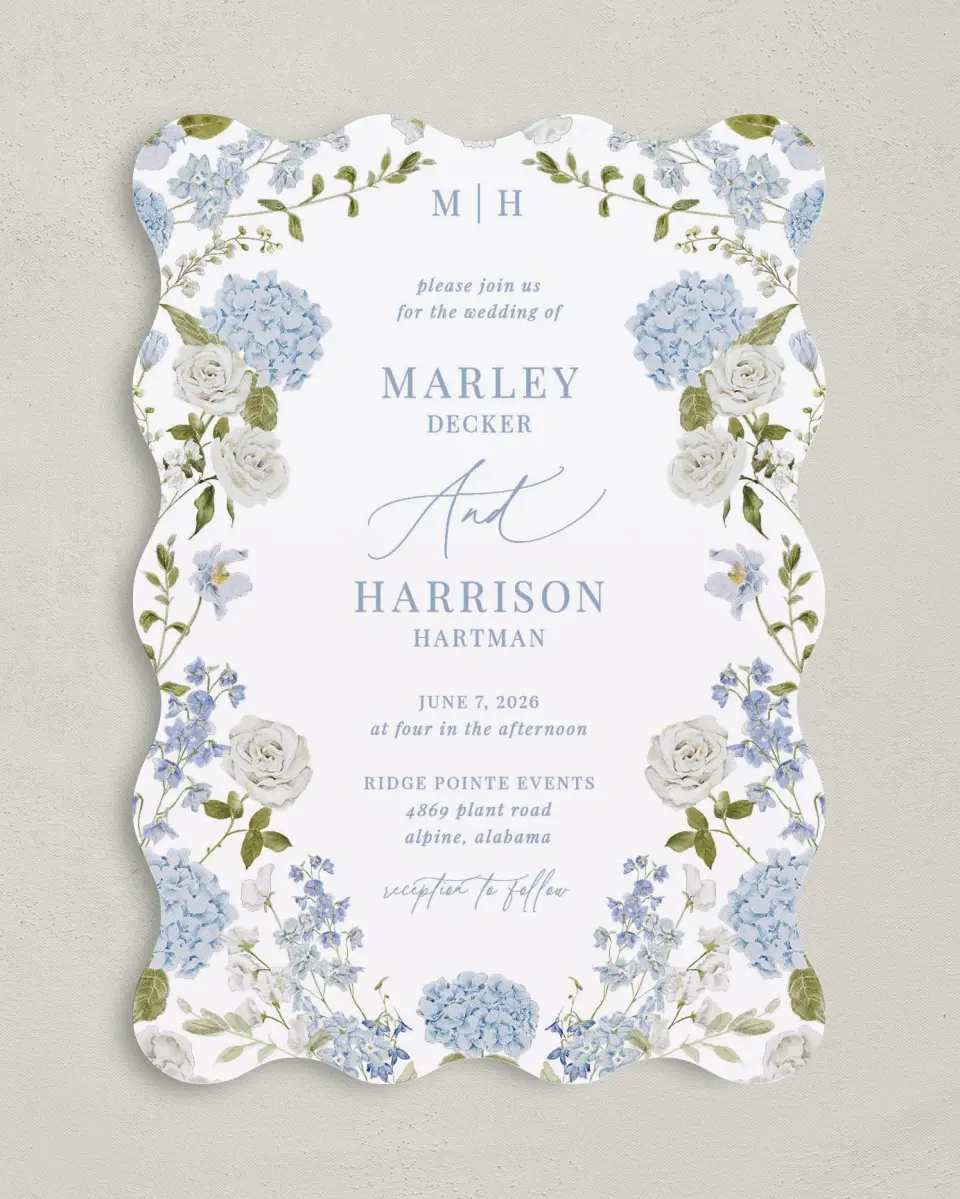 This is a 5" x 7" Wavy Wedding Invitation called Blue Blossoms printed in full color on Premium Smooth paper