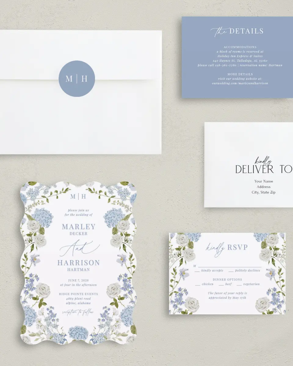 This is a 5" x 7" Wavy Wedding Invitation called Blue Blossoms printed in full color with Silver foil on Luxe Satin (coated) paper
