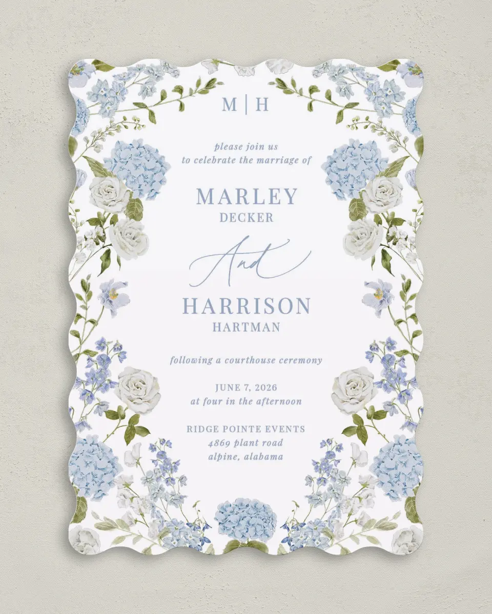 This is a 5" x 7" Reception-Only - CP called Blue Blossoms printed in full color on Premium Smooth paper