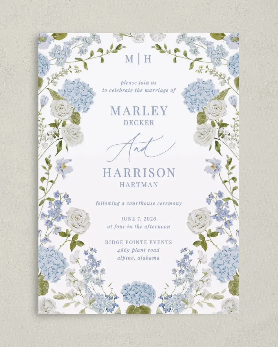 This is a 5" x 7" Reception-Only - CP called Blue Blossoms printed in full color on Premium Smooth paper
