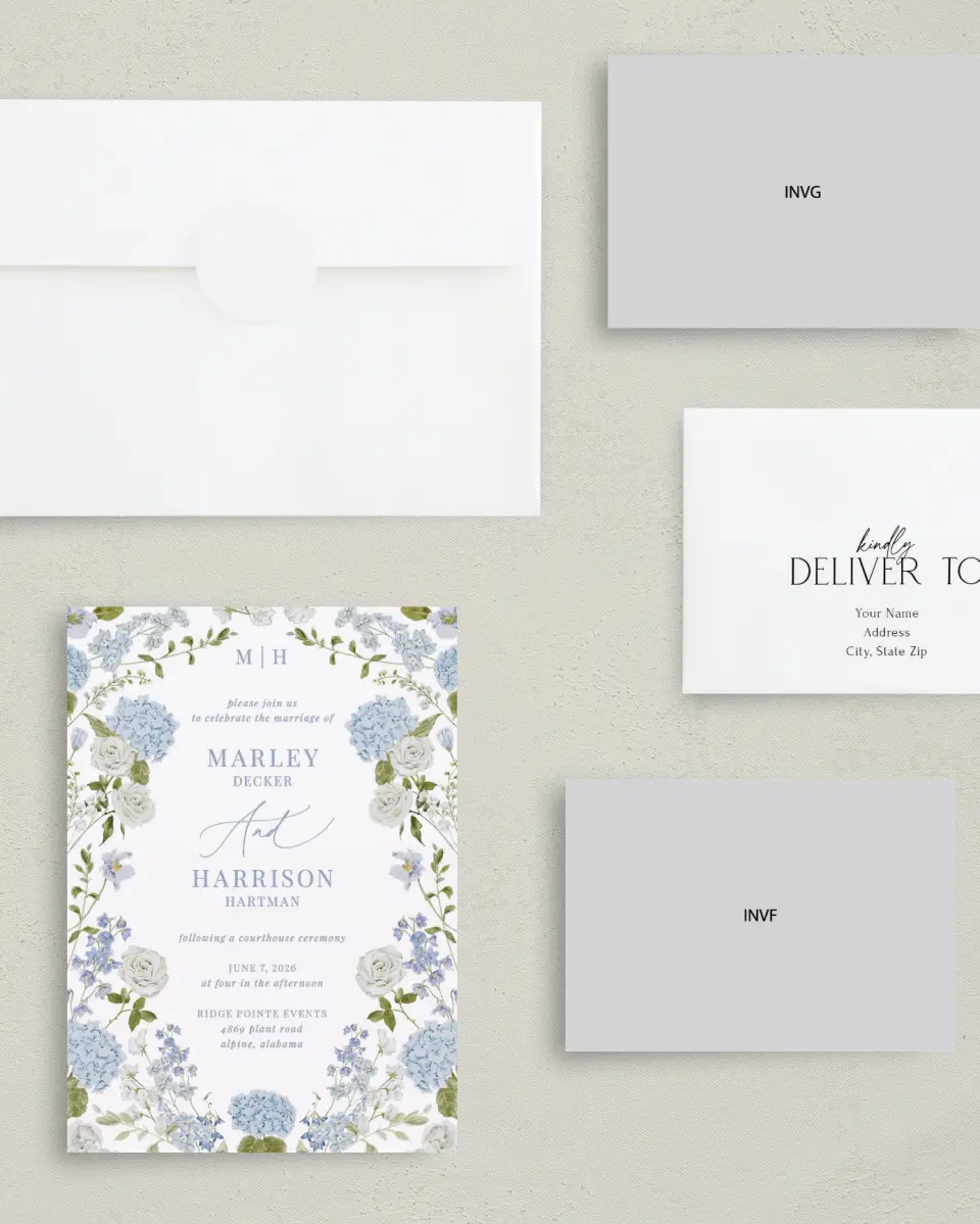 This is a 5" x 7" Reception-Only - CP called Blue Blossoms printed in full color on Premium Smooth paper