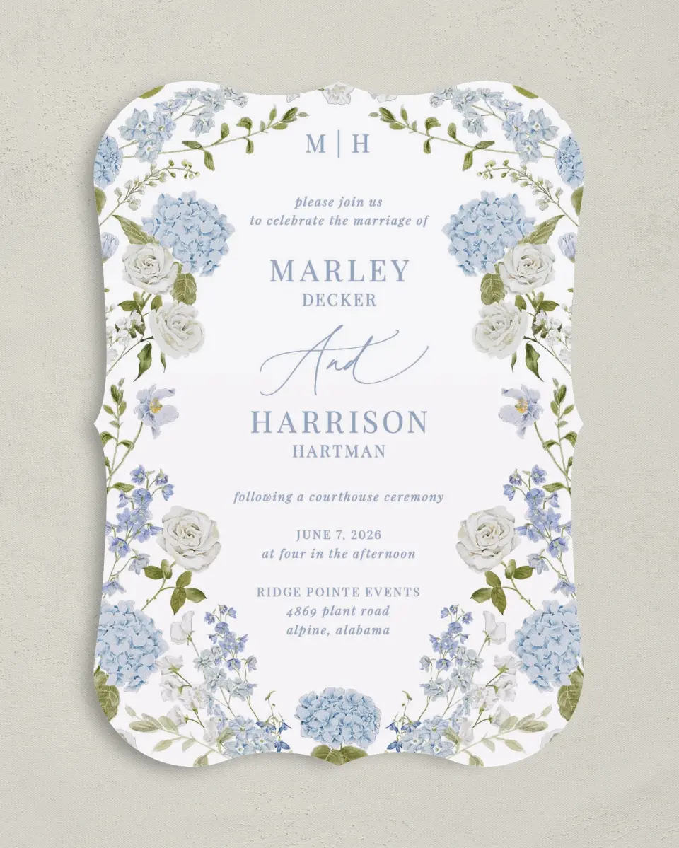 This is a 5" x 7" Reception-Only - CP called Blue Blossoms printed in full color on Premium Smooth paper