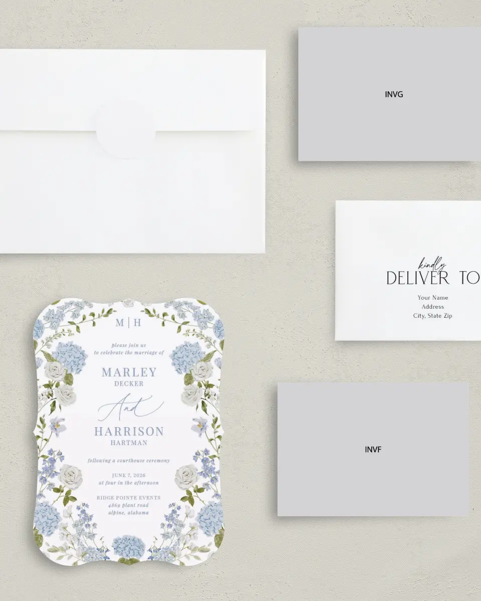 This is a 5" x 7" Reception-Only - CP called Blue Blossoms printed in full color with Silver foil on Luxe Satin (coated) paper