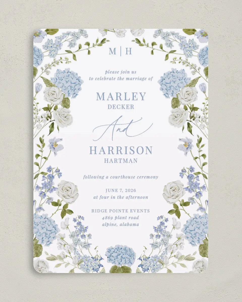This is a 5" x 7" Reception-Only - CP called Blue Blossoms printed in full color on Premium Smooth paper