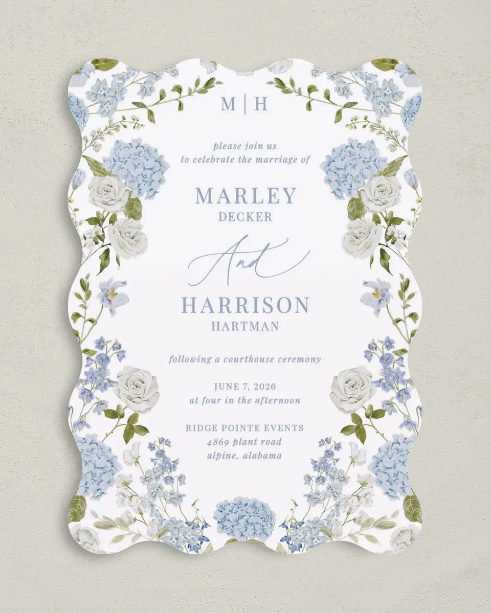 This is a 5" x 7" Reception-Only - CP called Blue Blossoms printed in full color on Premium Smooth paper