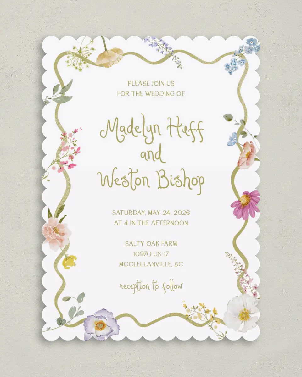 This is a 5" x 7" Classic Wedding Invitation called Whimsical Garden printed in full color on Premium Smooth paper