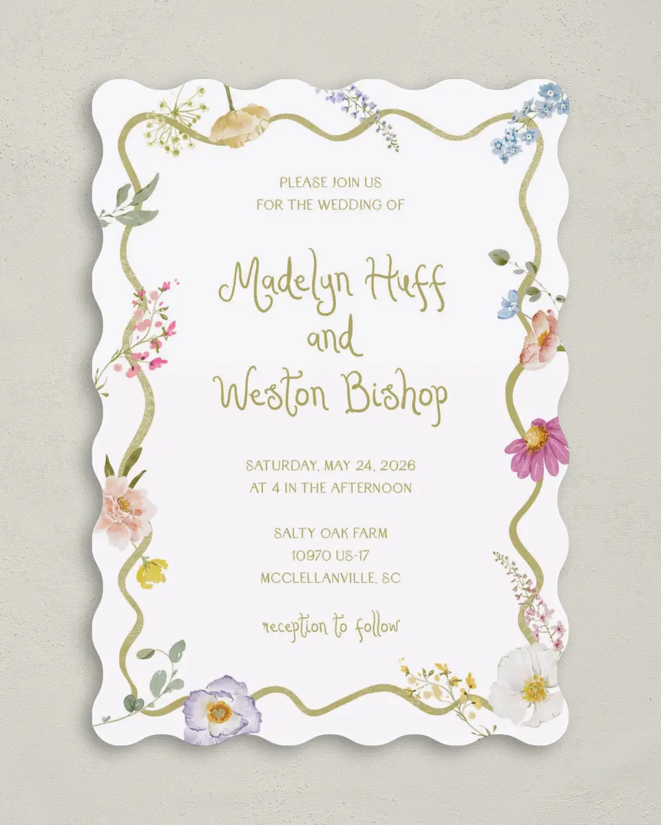 This is a 5" x 7" Wavy Wedding Invitation called Whimsical Garden printed in full color on Premium Smooth paper