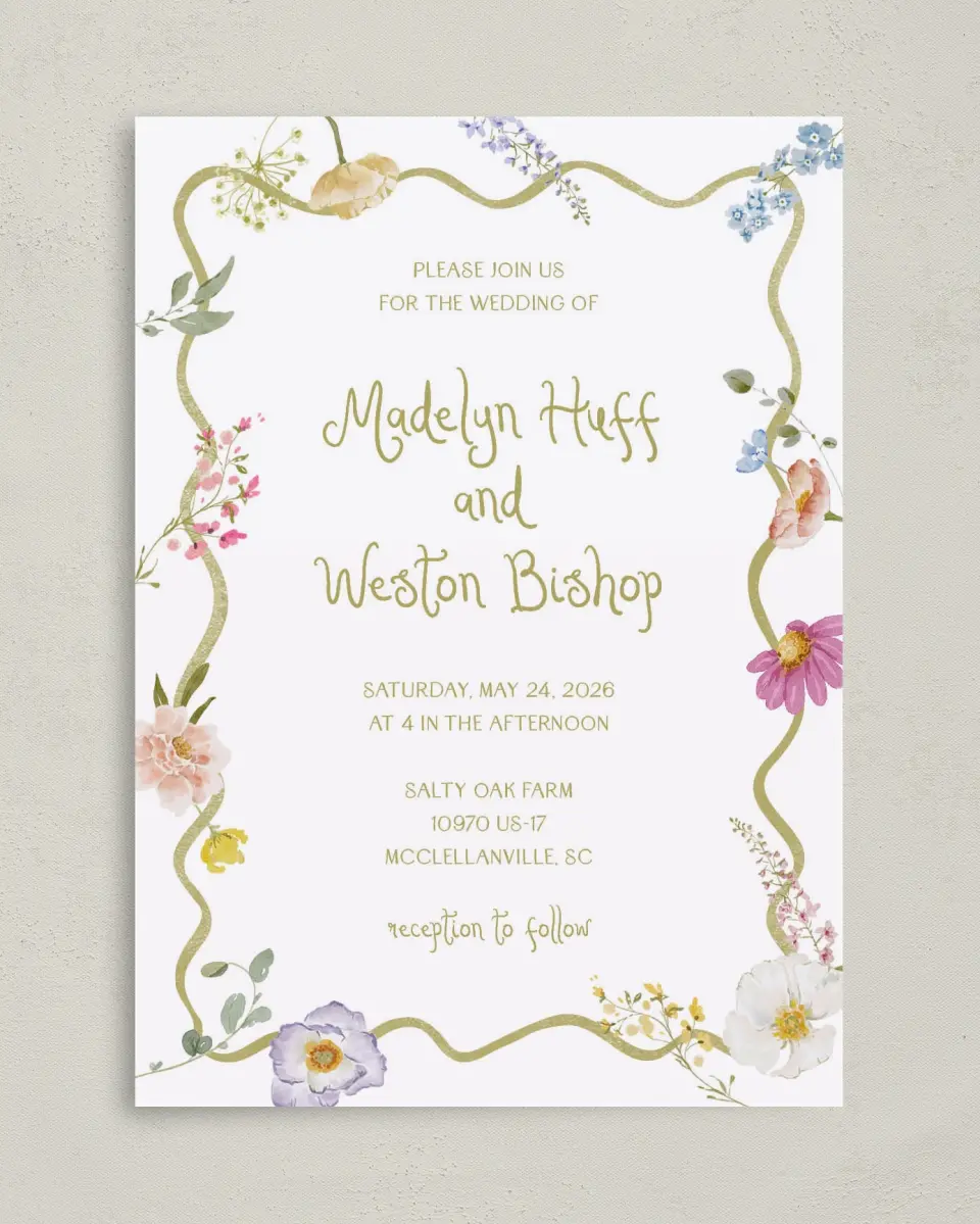 This is a 5" x 7" Classic Wedding Invitation called Whimsical Garden printed in full color on Premium Smooth paper