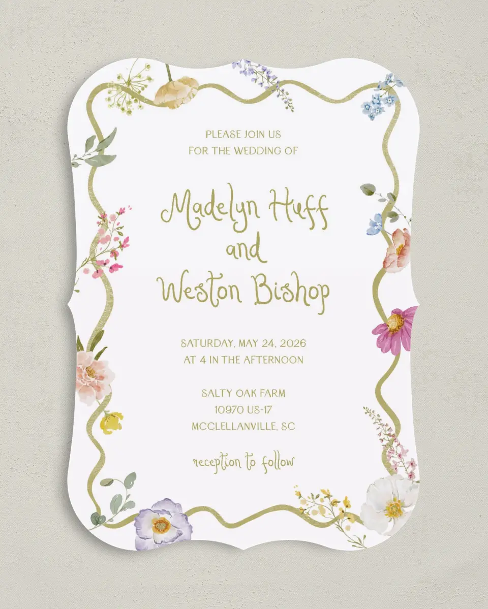 This is a 5" x 7" Bracket Wedding Invitation called Whimsical Garden printed in full color on Premium Smooth paper