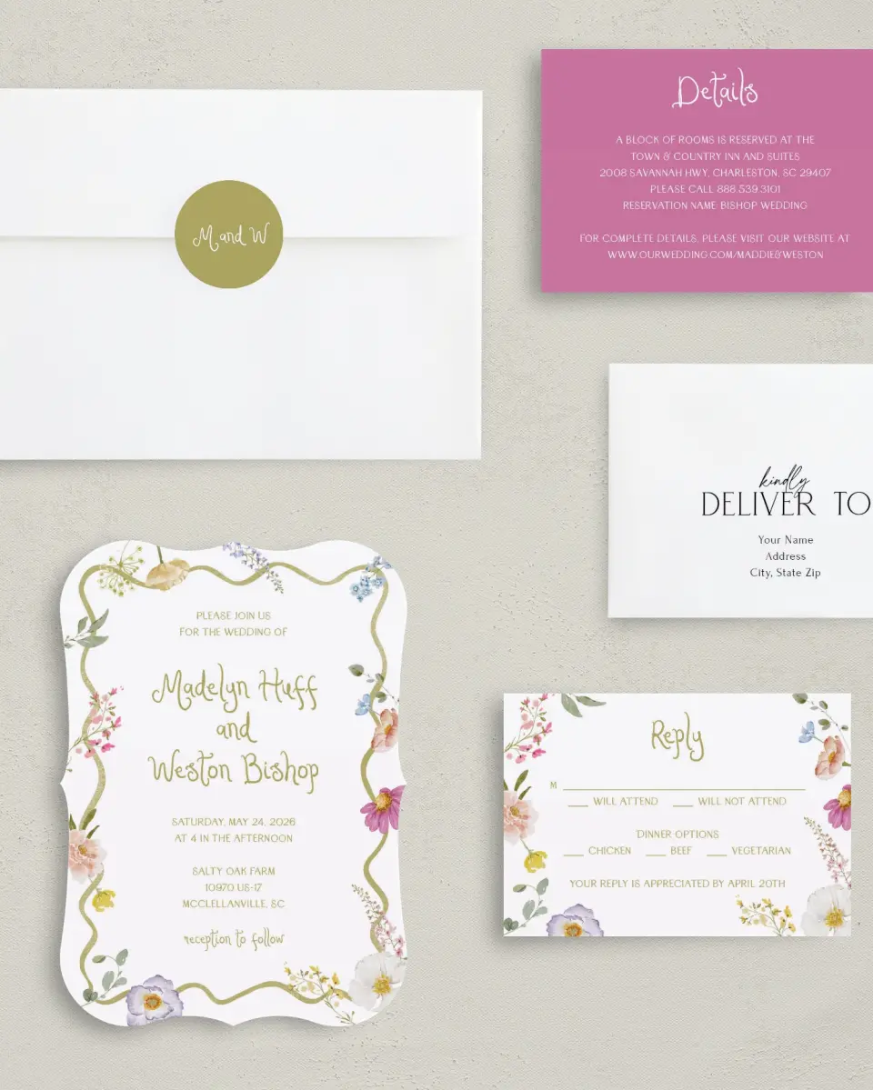 This is a 5" x 7" Bracket Wedding Invitation called Whimsical Garden printed in full color with Silver foil on Luxe Satin (coated) paper