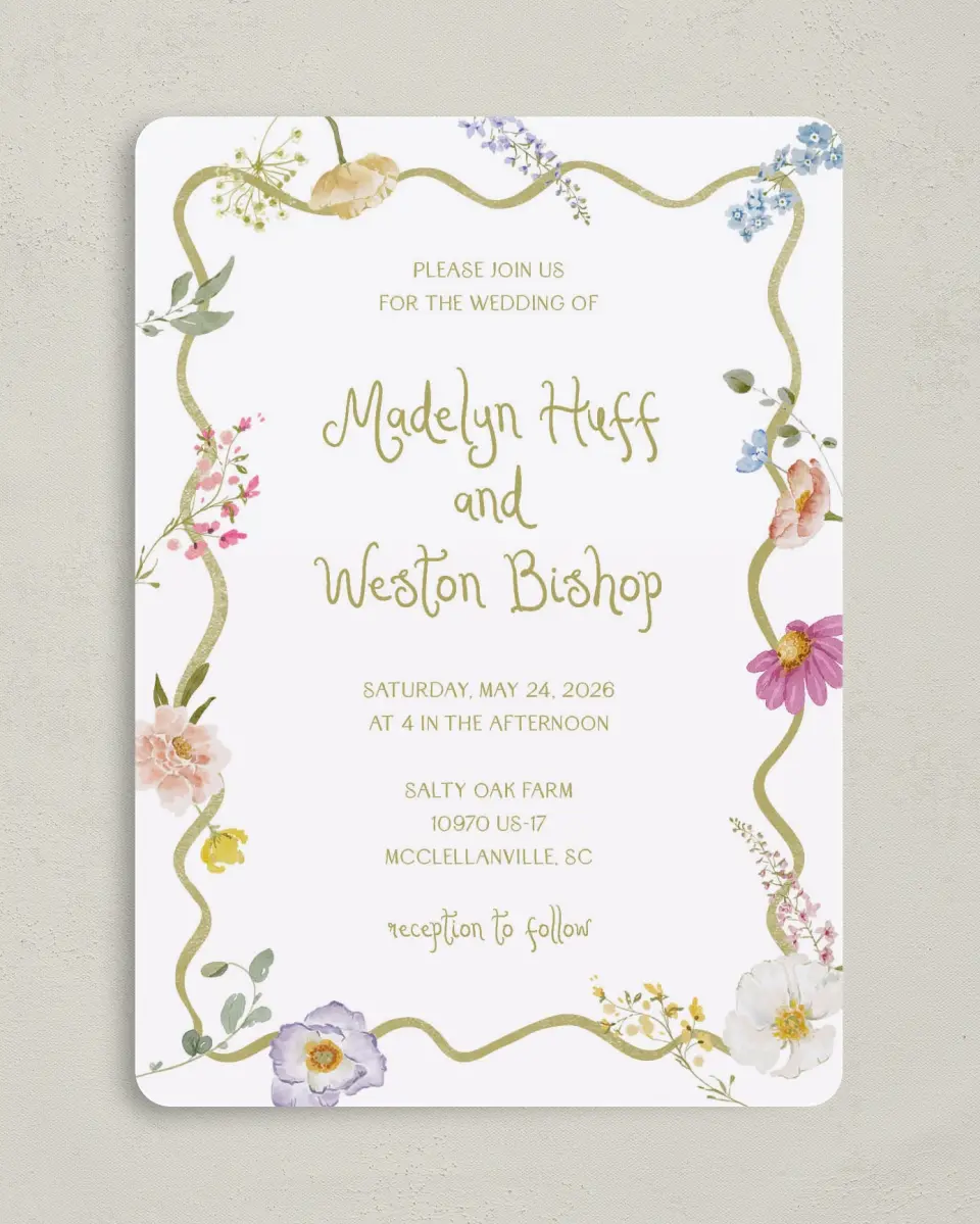 This is a 5" x 7" Rounded Wedding Invitation called Whimsical Garden printed in full color on Premium Smooth paper