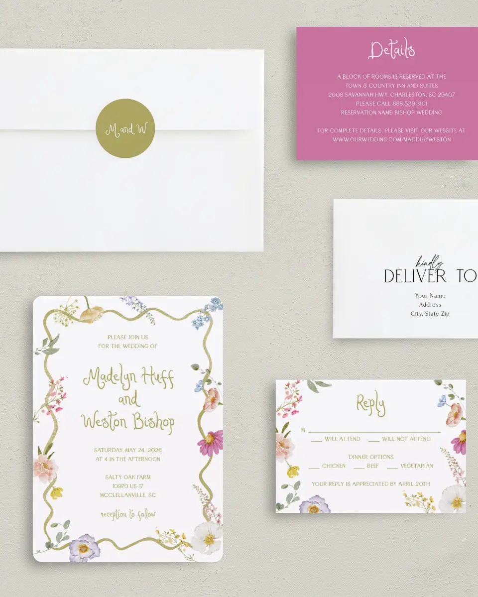 This is a 5" x 7" Rounded Wedding Invitation called Whimsical Garden printed in full color with Rose Gold foil on Luxe Satin (coated) paper