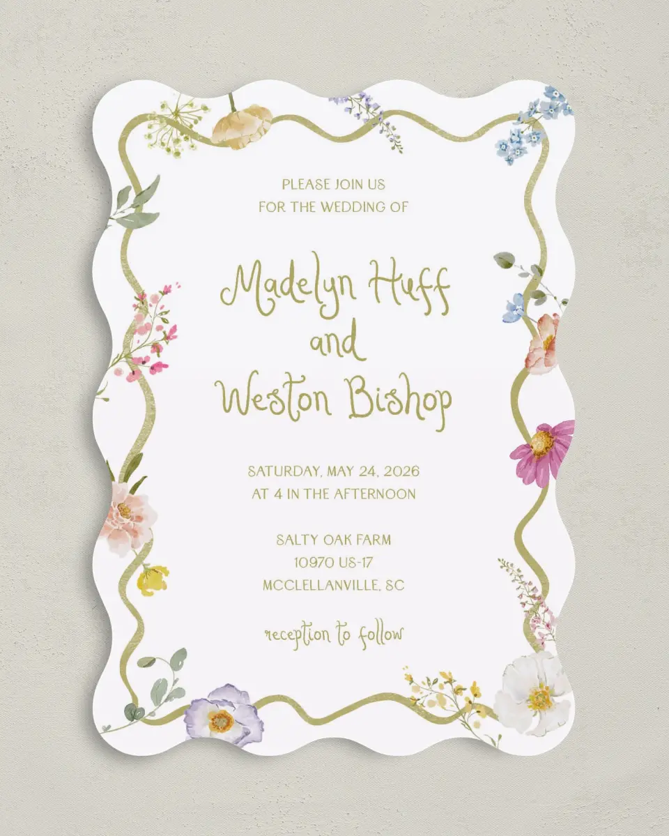 This is a 5" x 7" Wavy Wedding Invitation called Whimsical Garden printed in full color with Silver foil on Luxe Satin (coated) paper