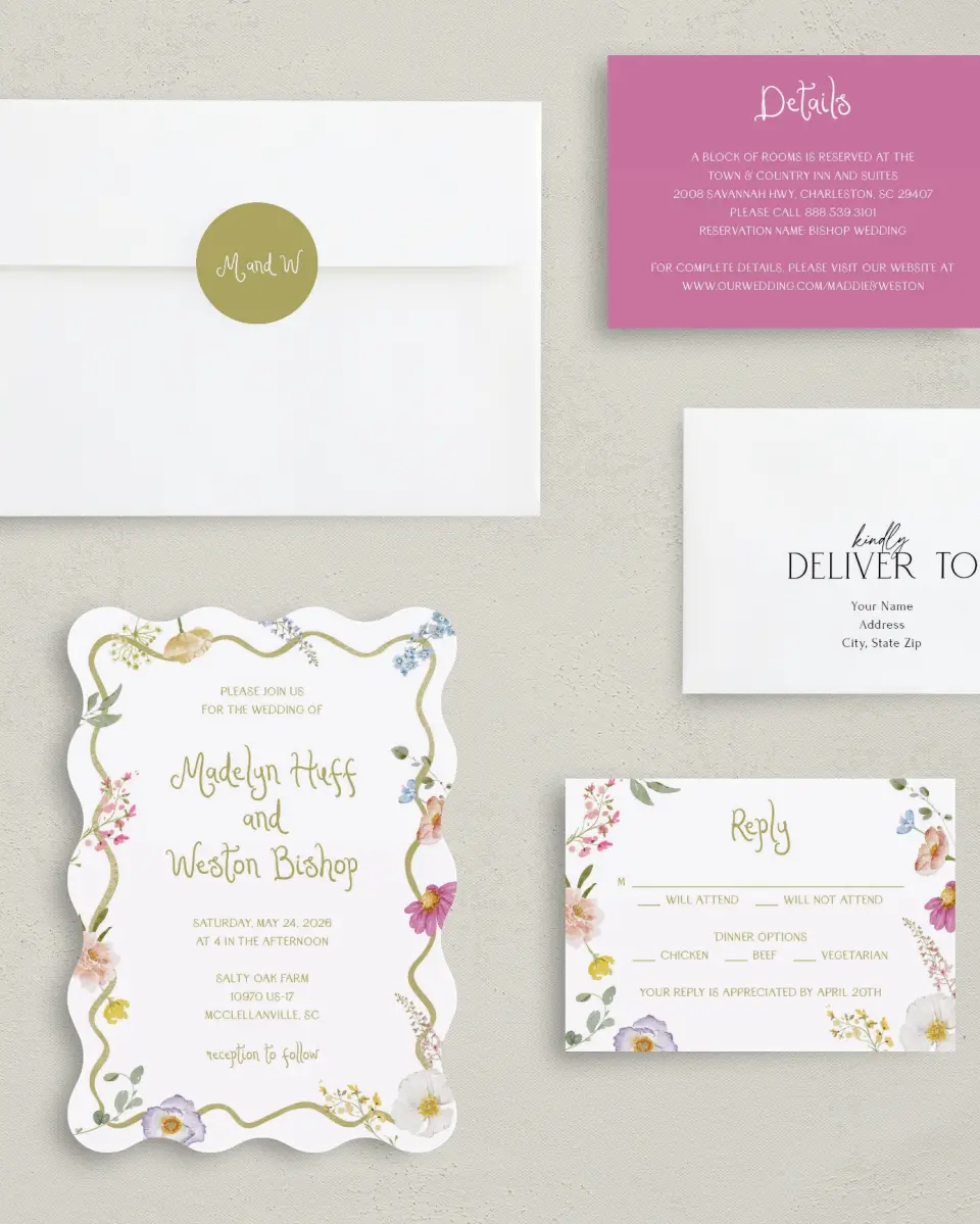 This is a 5" x 7" Wavy Wedding Invitation called Whimsical Garden printed in full color with Silver foil on Luxe Satin (coated) paper