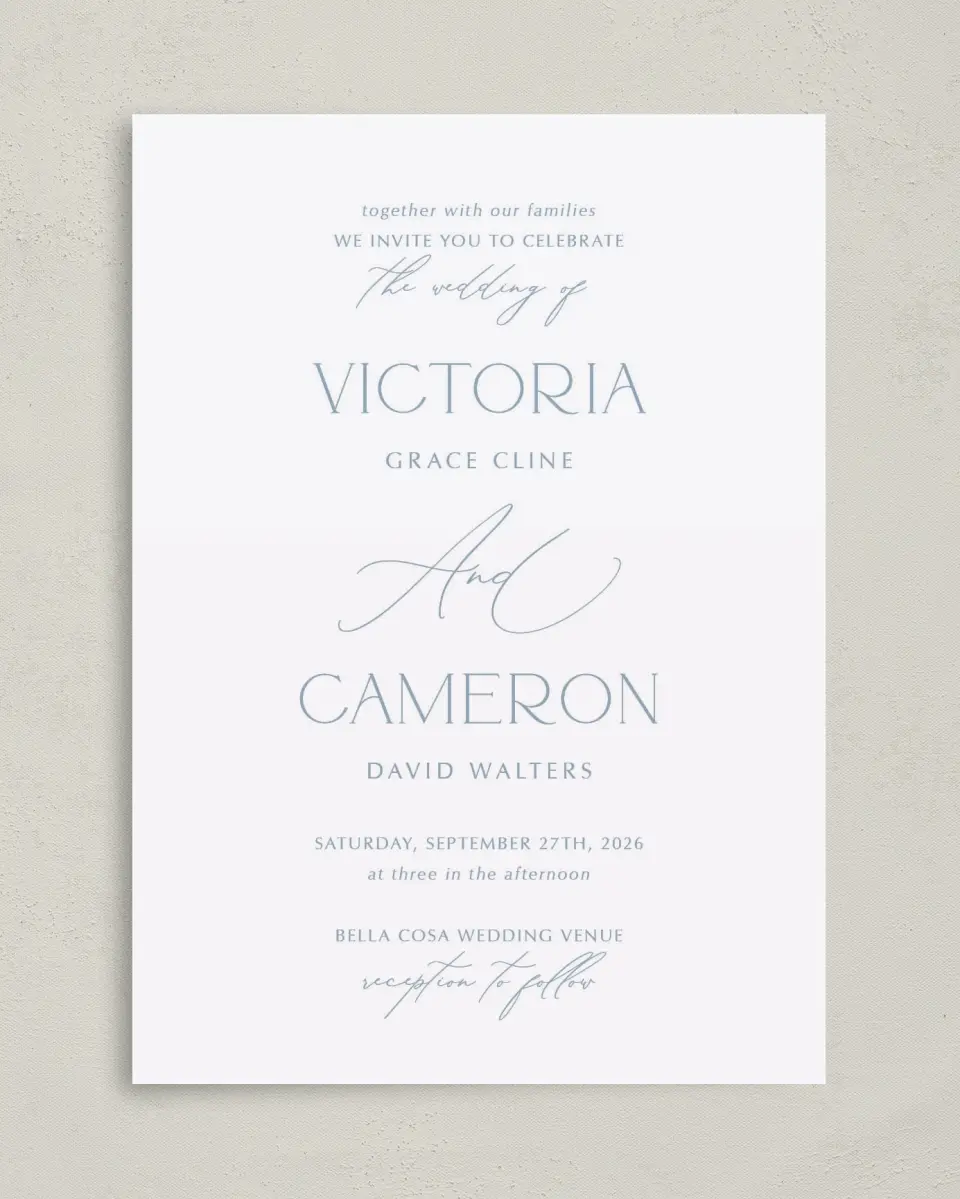 This is a 5" x 7" Classic Wedding Invitation called The Victoria printed in full color on Premium Smooth paper