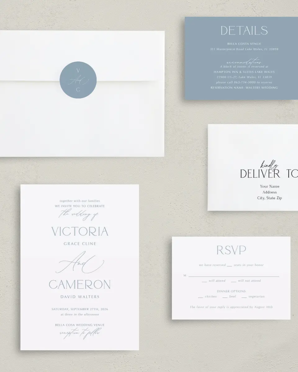 This is a 5" x 7" Classic Wedding Invitation called The Victoria printed in full color with Silver foil on Luxe Satin (coated) paper
