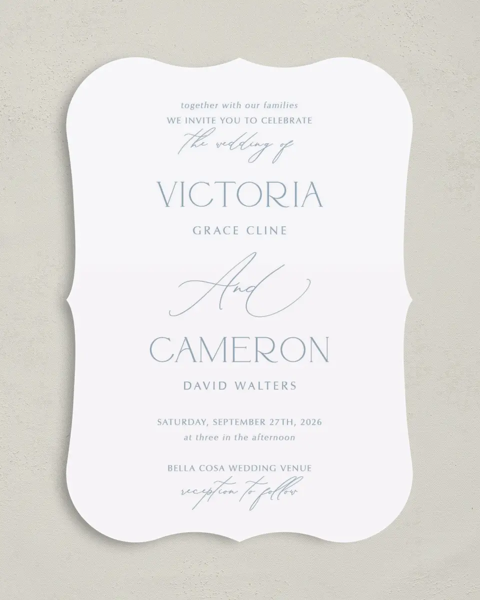 This is a 5" x 7" Bracket Wedding Invitation called The Victoria printed in full color on Premium Smooth paper