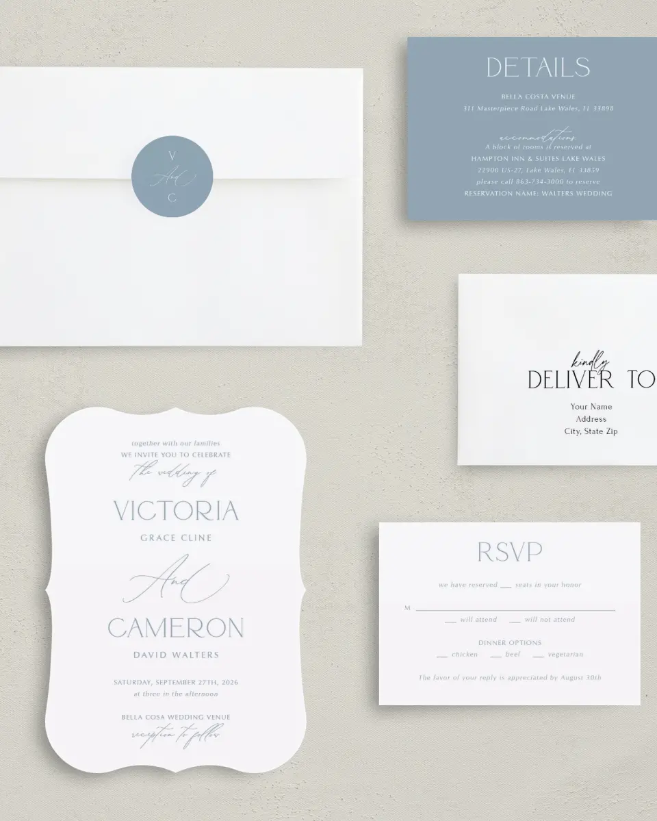 This is a 5" x 7" Bracket Wedding Invitation called The Victoria printed in full color with Silver foil on Luxe Satin (coated) paper