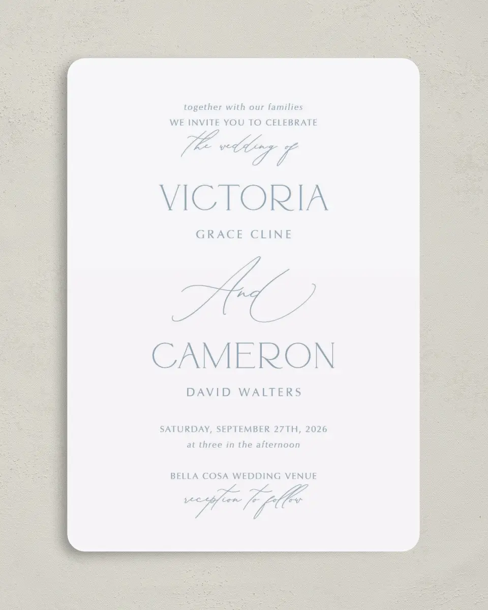 This is a 5" x 7" Rounded Wedding Invitation called The Victoria printed in full color on Premium Smooth paper