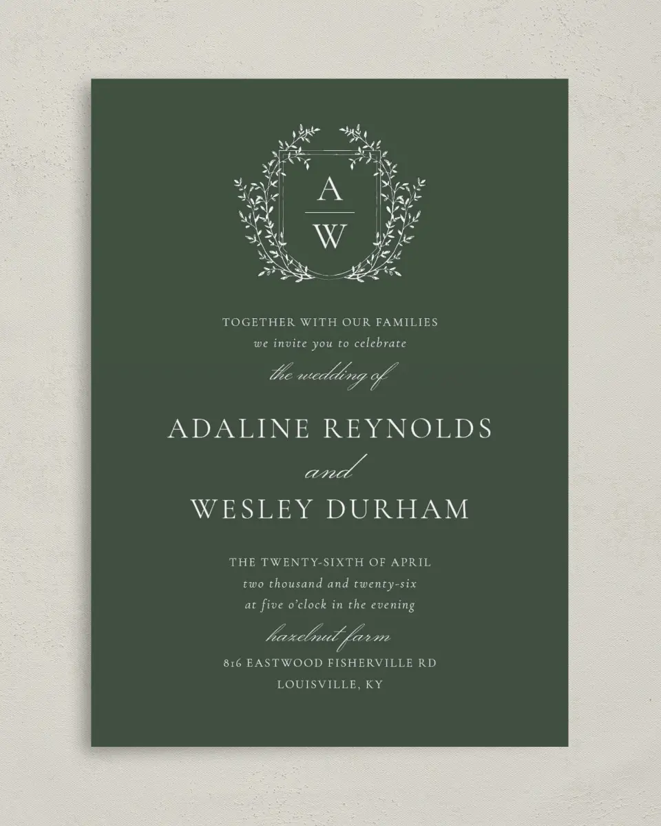 This is a 5" x 7" Classic Wedding Invitation called The Adaline printed in full color on Premium Smooth paper