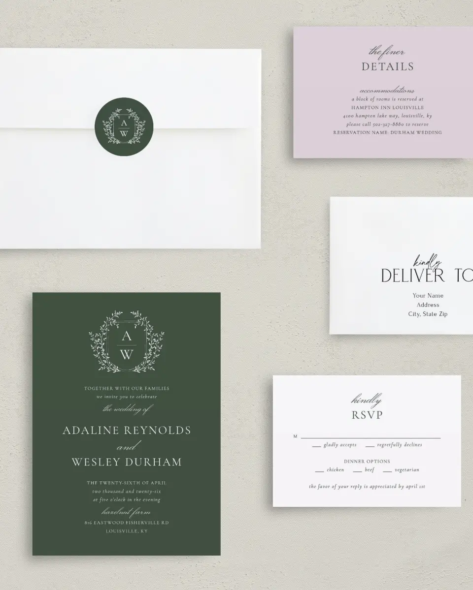This is a 5" x 7" Classic Wedding Invitation called The Adaline printed in full color with Gold foil on Luxe Satin (coated) paper