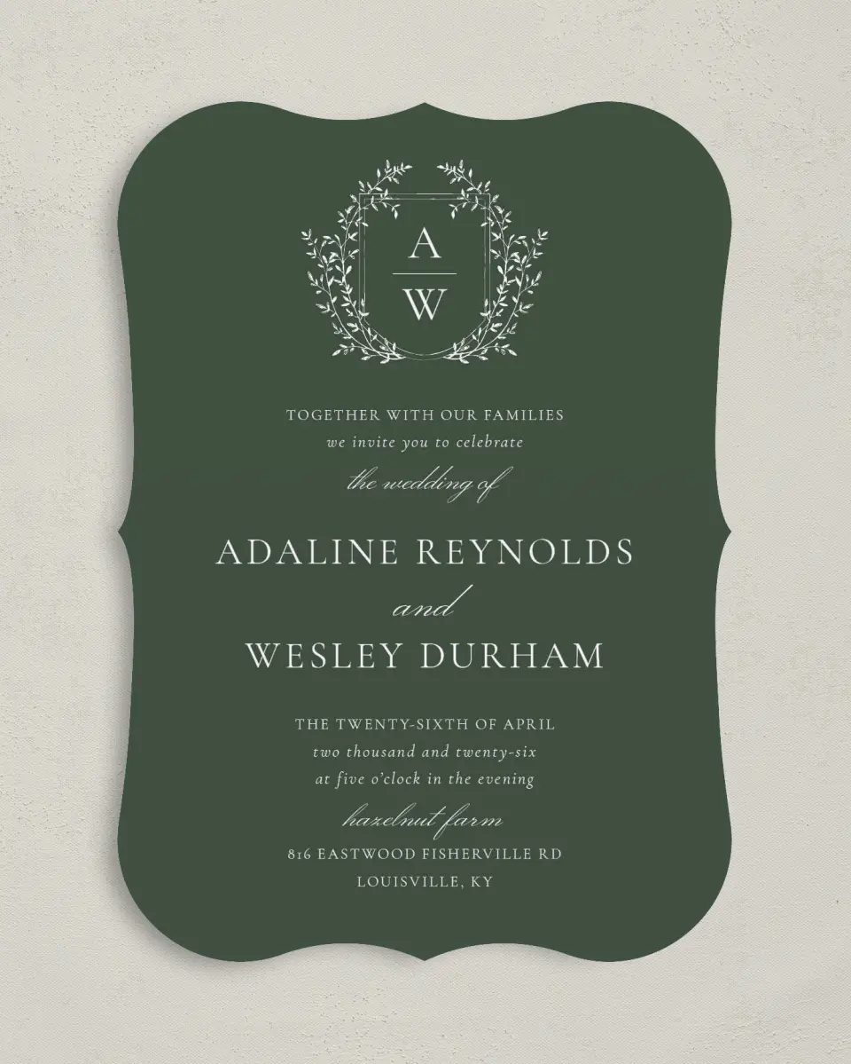 This is a 5" x 7" Bracket Wedding Invitation called The Adaline printed in full color on Premium Smooth paper