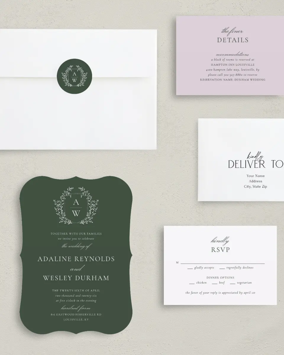 This is a 5" x 7" Bracket Wedding Invitation called The Adaline printed in full color with Silver foil on Luxe Satin (coated) paper