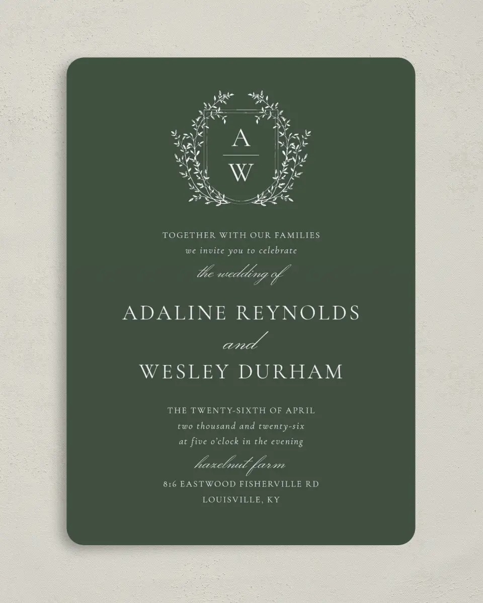 This is a 5" x 7" Rounded Wedding Invitation called The Adaline printed in full color with Silver foil on Luxe Satin (coated) paper