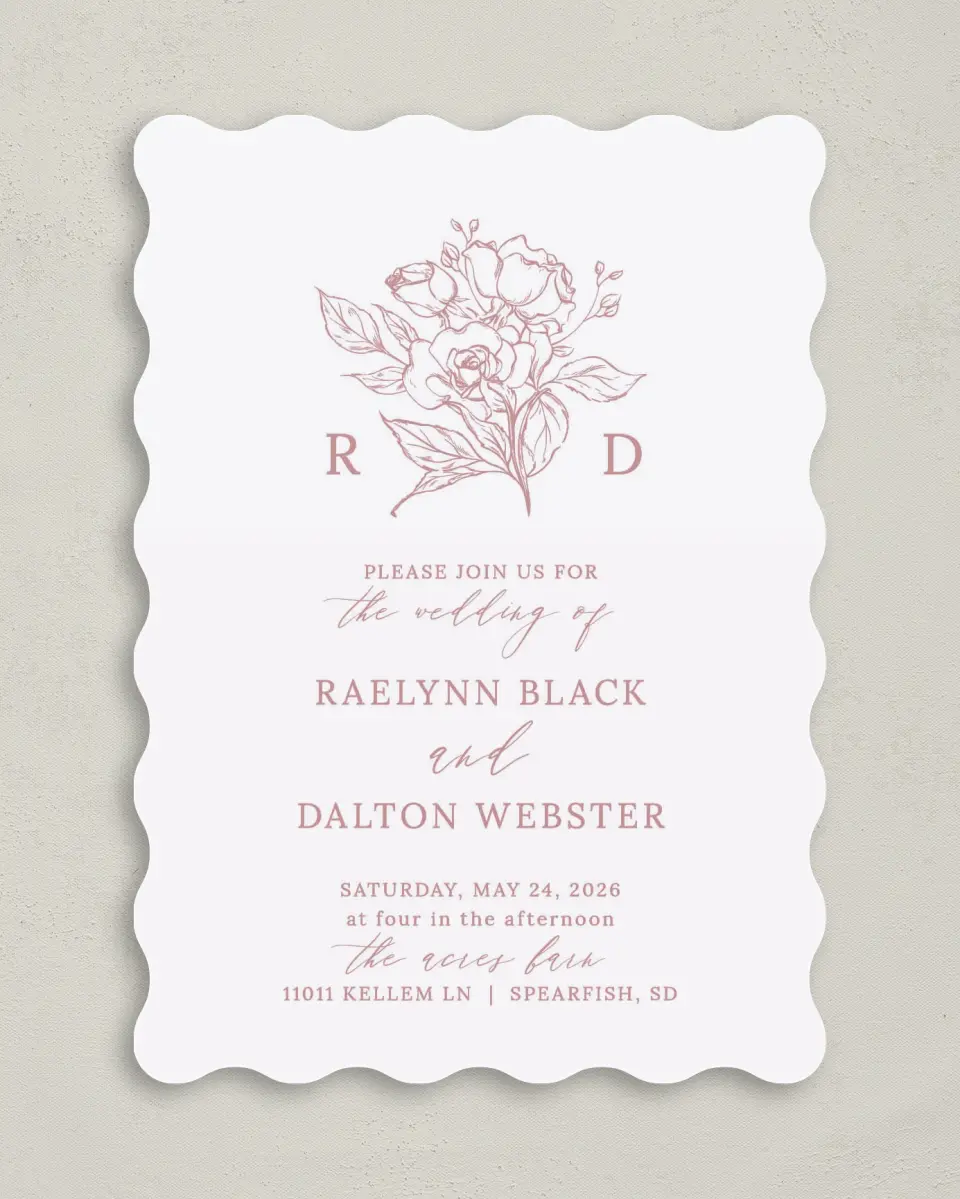 This is a 5" x 7" Wavy Wedding Invitation called Blushing Rose printed in full color on Premium Smooth paper
