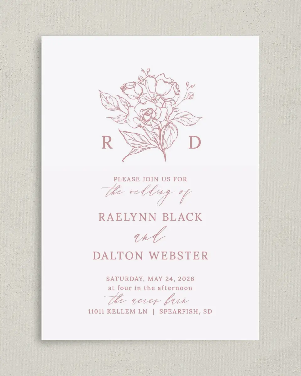 This is a 5" x 7" Classic Wedding Invitation called Blushing Rose printed in full color on Premium Smooth paper