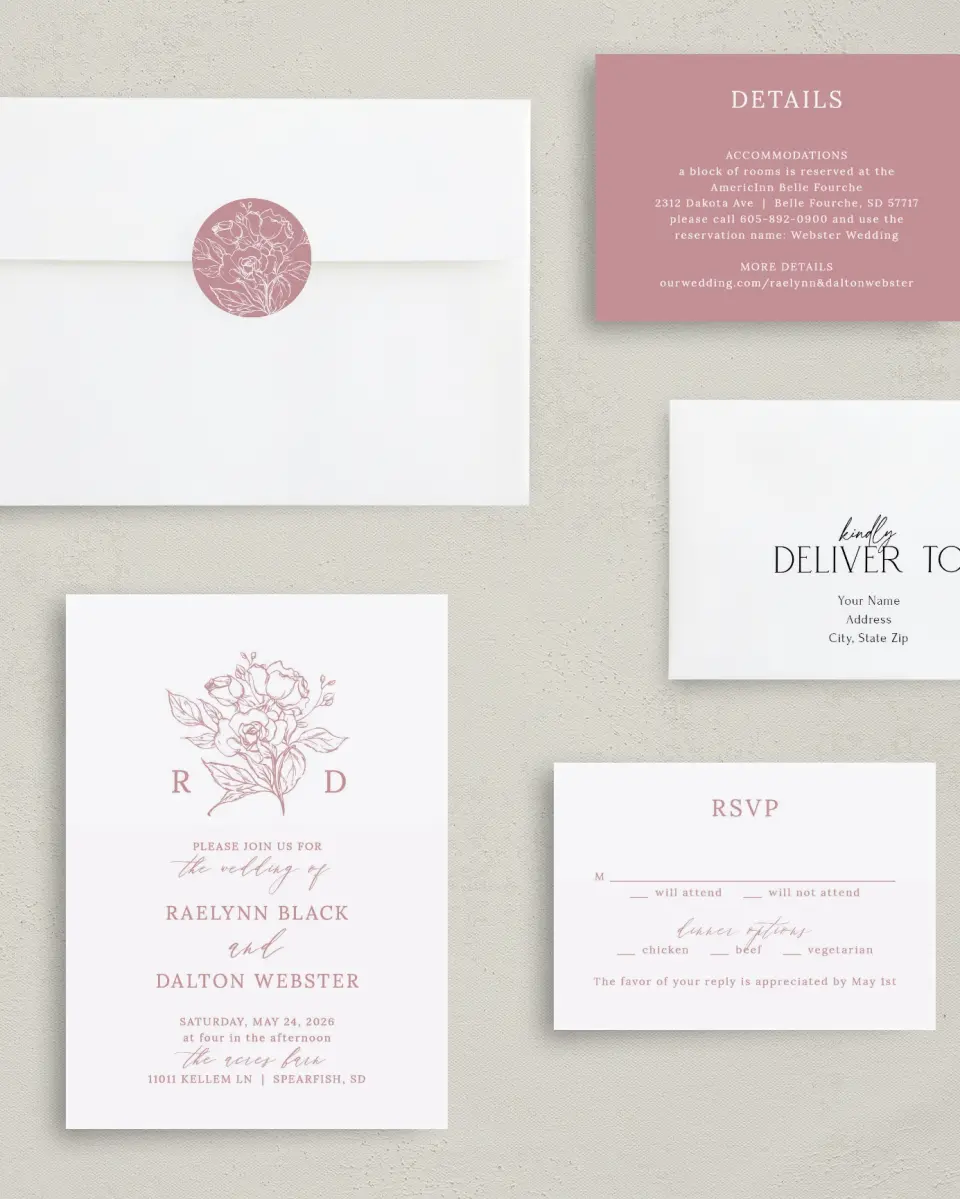 This is a 5" x 7" Classic Wedding Invitation called Blushing Rose printed in full color with Silver foil on Luxe Satin (coated) paper