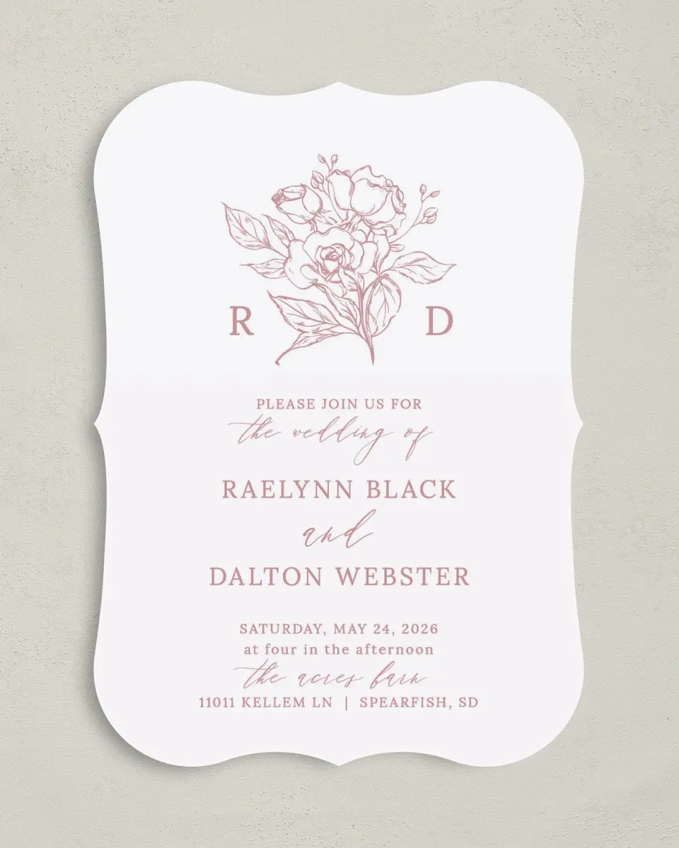 This is a 5" x 7" Bracket Wedding Invitation called Blushing Rose printed in full color with Silver foil on Luxe Satin (coated) paper