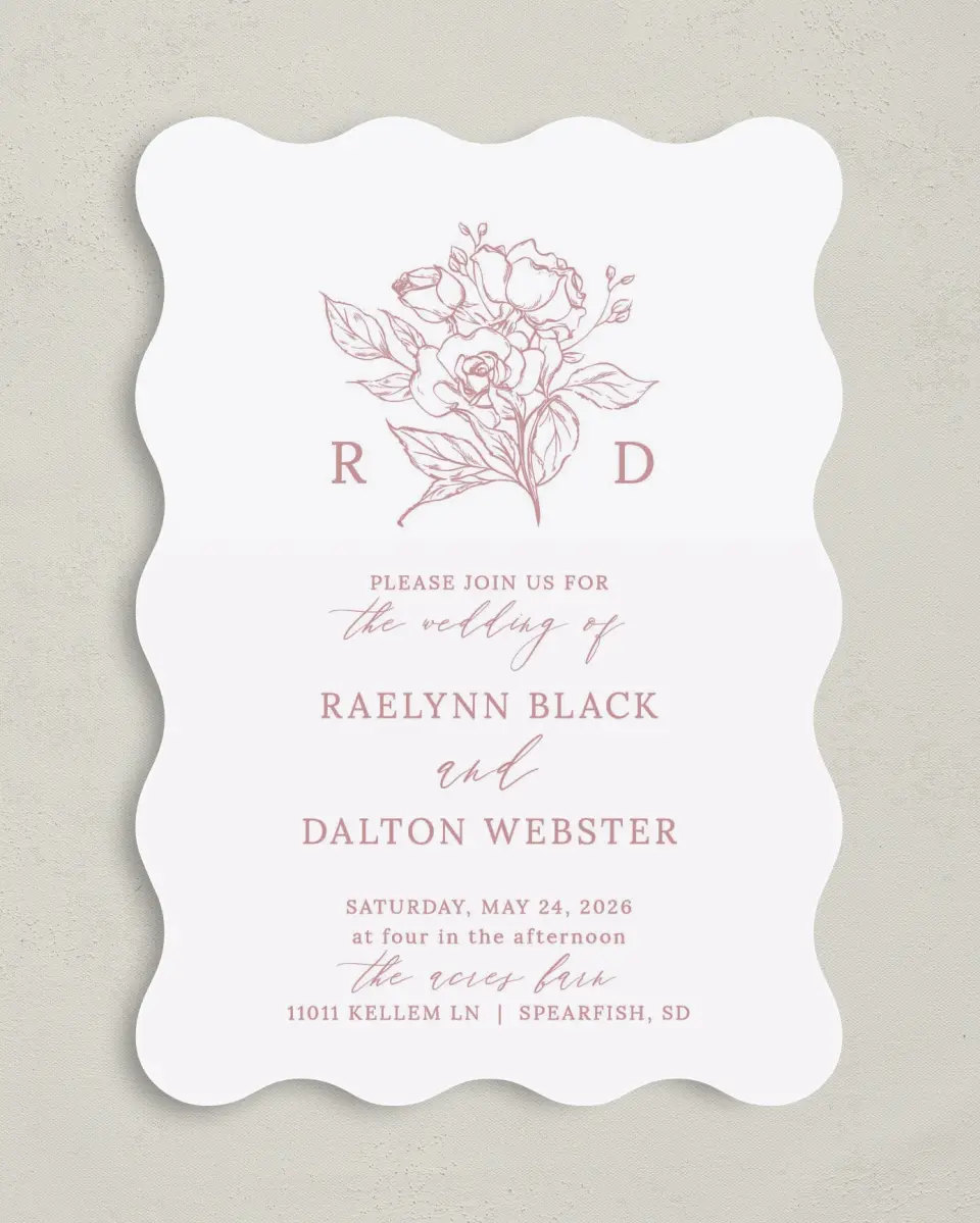 This is a 5" x 7" Wavy Wedding Invitation called Blushing Rose printed in full color on Premium Smooth paper